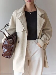 DAZY Chaqueta casual de mujer de unicolor con mangas raglán y doble botonadura, abrigos de mujer para otoño/invierno - Beis - Ver 3