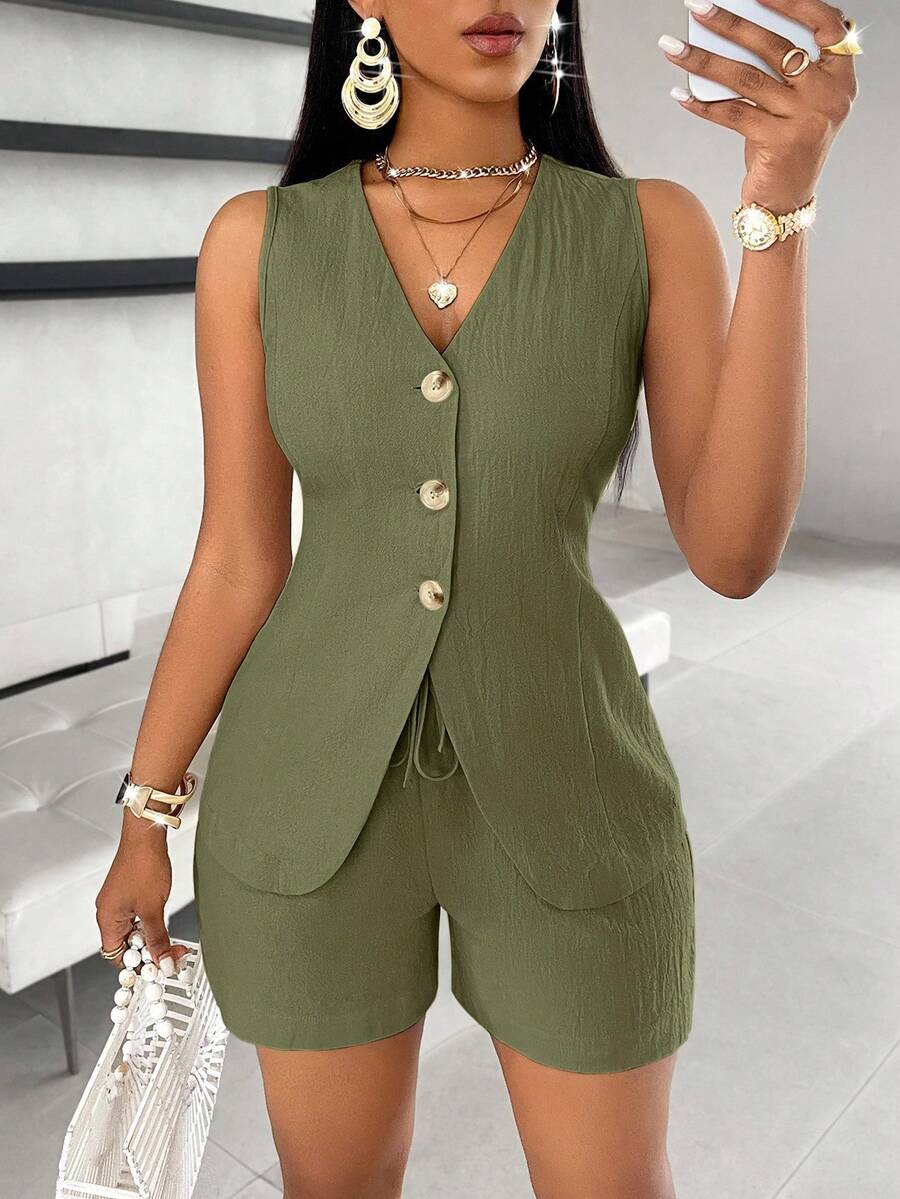 SOLERSUN 纯色纽扣前背心西装外套和短裤 - 軍綠色 - 查看 1