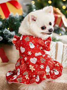 PETSIN 1 Cute Christmas Printed Red Dress Princess Dress Pet Bubble Sleeve Skirt