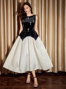 Vintamour Vintage klassisch elegantes Partykleid für Damen, Herbst/Winter, figurbetontes Patchwork-Kleid, Kleid mit Strass-Verzierung, Bootsausschnitt-Kleid, schwarzes Kleid, Samtkleid, ärmelloses Kleid, Kleid mit extra-weitem Saum
