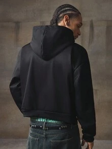 AXEPEAK 男式撞色印花连帽长袖运动衫，秋冬 - 黑色 - 查看 2