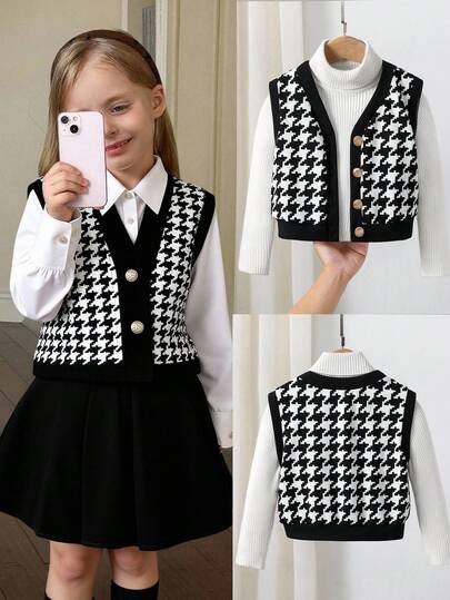 SHEIN Young Girl Elegant Casual Cool Girl Fashionable Chic Black & White Houndstooth Pattern Metallic Button Decor Fitted Jacket,School Daily,Summer Autumn. Back To School Season.College Style Fall Winter