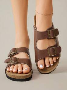 Solecia Women's Buckle Design Casual Thick Sole Flat Sandals - Brown - View 7