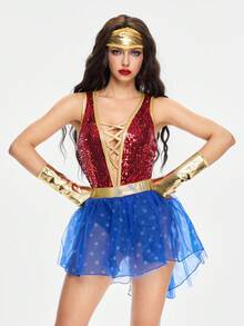 ROMWE Avant 万圣节角色扮演服装 - 亮片深 V 连体裤和星星网眼迷你裙套装 - 彩色 - 查看 5