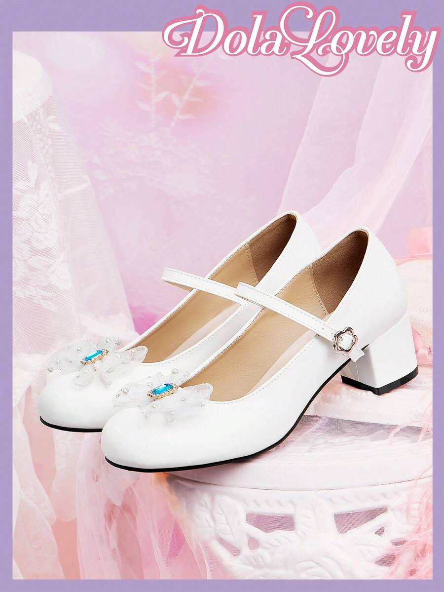 Dola Lovely Giày cao gót mũi tròn Sweet Lolita Mary Jane Bow Decor cho nữ - trắng - Xem 1