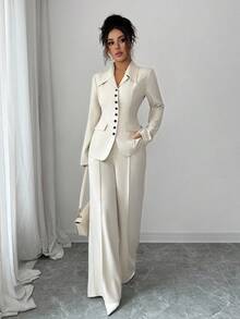 Elenzga 女士杏色厚面料V领西装外套设计黑色撞色纽扣假口袋教师制服优雅职业装，感恩节万圣节氛围，秋季新款时尚必备高端端庄长袖收腰宽松直筒裤两件套 - 杏色 - 查看 5