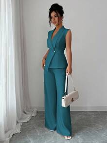 Selianne 女士优雅办公室通勤下午茶派对装，有领不对称下摆无袖西装外套，腰部饰有金属扣，搭配弹力腰裤，两件套西装，春夏 - 水鴨藍 - 查看 5