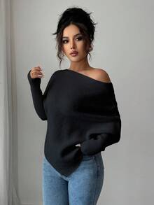 Elenzga Women's Asymmetrical Shoulder Batwing Sleeve Casual Elegant Knit Sweater Top, Versatile For Vacation & Holidays, Spring/Autumn/Winter - Black - View 7