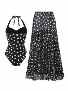 Bonvoyette 女士不对称波点露背连体泳衣和长裙套装 - 黑與白 - 查看 2