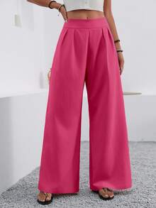 EMERY ROSE 女士纯色高腰褶皱口袋阔腿宽松休闲裤 - 玫紅色 - 查看 6