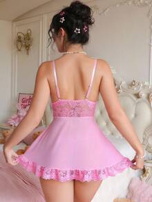 SHEIN 2件套女士性感蕾丝拼布睡袍和丁字裤套装 - 粉色 - 查看 2