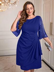Gownix Plus Size Women's Rhinestone Embellished Split Sleeve Party Dress - Royal Blue - View 4