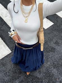 MainGRL Navy Blue Women's Casual A-Line Skirt, Summer - Navy Blue - View 6