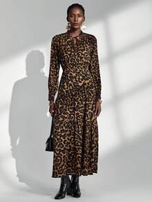 Almamuse Women's Leopard Print Loose V-Neck Tie-Up Long Sleeve Dress Fall Cloth For Women - Multicolor - View 3