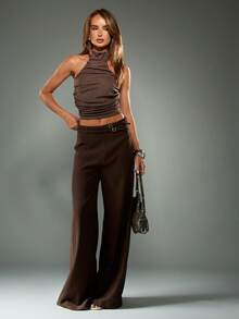 MISSGUIDED Pantalones palazzo de cintura alta y pierna ancha con detalle de hebilla para atuendos de oficina, negocios y casual en otoño e invierno - Café integral - Ver 5