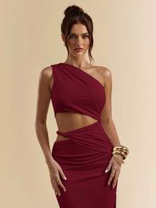 SHEIN BAE 白色不对称褶皱紧身高开衩连衣裙、海滩度假白色连衣裙、波西米亚风连衣裙 - 酒紅色 - 查看 6