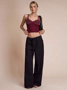 SHEIN BAE Women's Faux Pearl Strap Hollow Design Cropped Knit Top - Burgundy - View 7