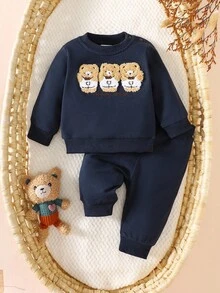 SHEIN 韩版新生儿卡通熊刺绣卫衣和舒适合身长袖裤两件套服装套装，休闲婴儿服装 - 寶藍色 - 查看 7
