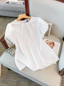 GlowEve CURVE Women's Elegant Casual Solid Color Lace Patchwork Ruffle Collar Flared Sleeve Blouse - White - View 6