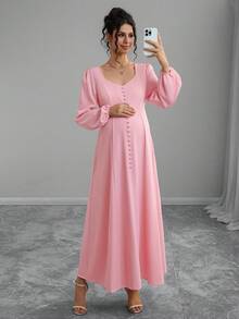 Momance 休闲孕妇长袖纯色长裙 - 西瓜粉 - 查看 7