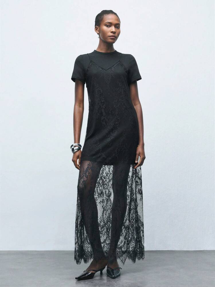 SHEIN Maija 新作春夏 ブラック セクシーレースキャミソールドレス + 半袖ドレス 2点セット、シック エレガントなオフィス/カジュアル/パーティー/バレンタインデーのアウトフィット