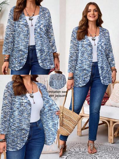 EMERY ROSE Plus Size Colorful Floral Sheer Crochet-Look Knit Cropped Cardigan With 3/4 Sleeves, Fitted Silhouette, Suitable For Early Autumn Plus Size Knitted Cardigan Fall Clothes For Women Winter Clothes Vintage Country Outfits Women Country Style For Women Female Country Look Plus Size Cardigan Autumn Print Design Cardigan Knitted Cardigan For Women