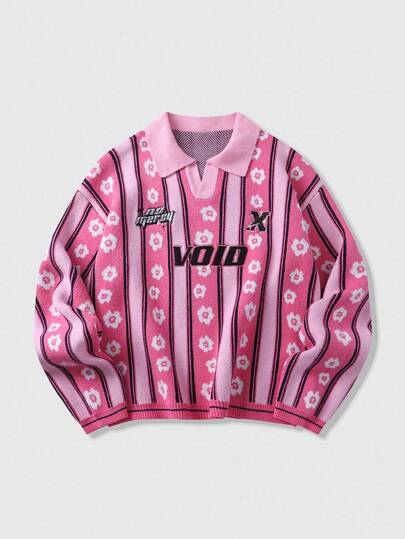 Street Life Maglione da uomo in maglia jacquard a righe ricamato, stile oversize corto, autunno inverno