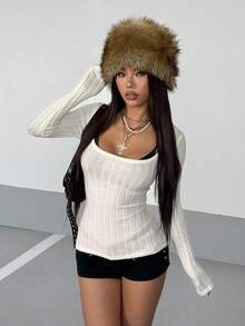 StreetHx 街头服饰女款露肩罗纹修身长袖毛衣，秋冬 - 白色 - 查看 6