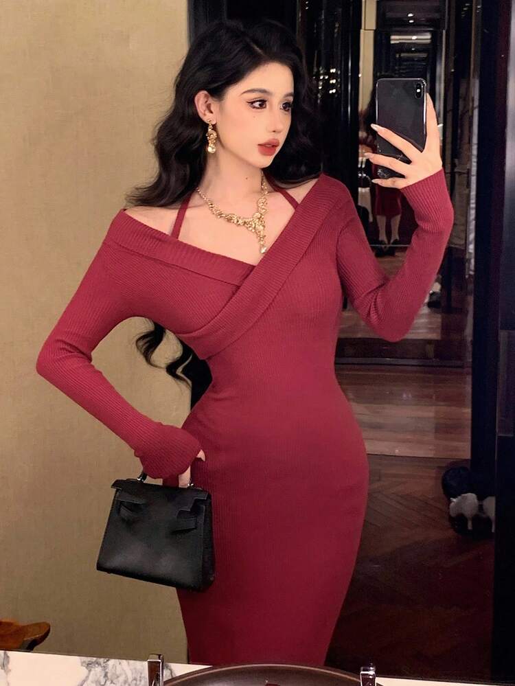 Elegant Bodycon Open Shoulder Backless Spaghetti Strap Dress, Cinched Waist, Red, Fashion Design, Suitable For Weddings, Banquets, Parties, New Year, Christmas, Women Fall/Winter Sweater Dress