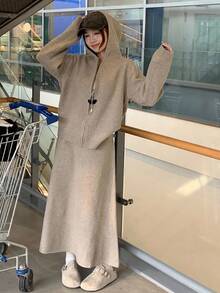 DAZY Women's Solid Color Drop Shoulder Long Sleeve Zip Front Hooded Cardigan And Knit Skirt Casual 2 Pieces Set, Autumn - Khaki - View 4
