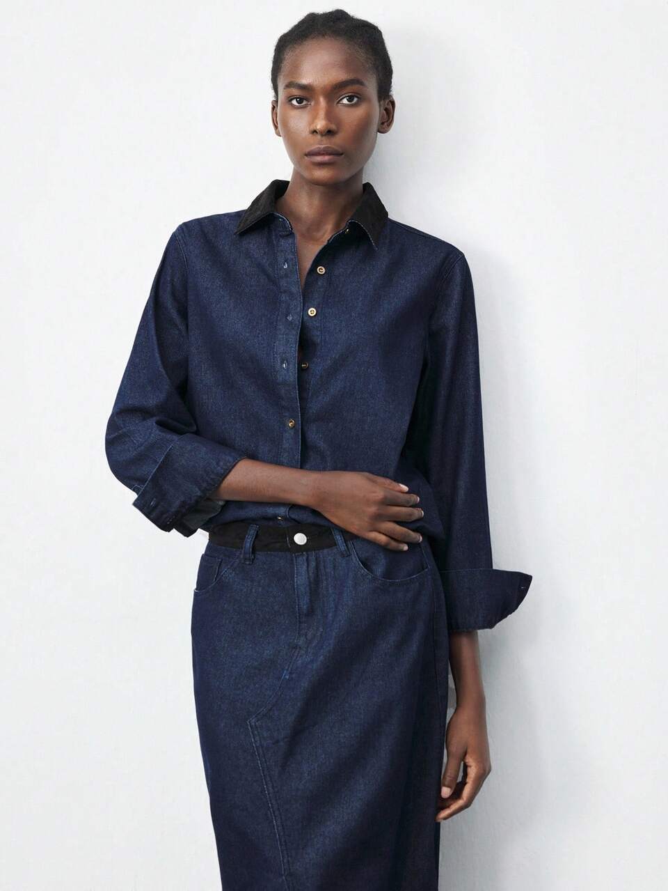 SHEIN Maija レディース カジュアル ルーズ デニム ボタンダウン 長袖シャツ 秋