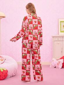 Strawberry Shortcake X SHEIN 女士草莓卡通图案长袖上衣和裤子睡衣套装，秋冬服装 - 紅色 - 查看 2