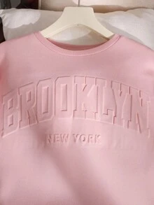 SHEIN 2 件套青少年女孩宽松休闲压花字母图案圆领套头衫和运动裤运动服，粉色 - 藕粉色 - 查看 7