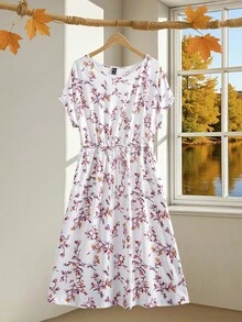 EMERY ROSE Plus Size Casual Floral All-Over Print Drawstring Waist Dress,Summer Dresses For Women - White - View 1
