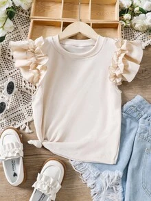 SHEIN Tween 女童杏色荷叶边肩部装饰盖袖紧身 T 恤，春夏 - 杏色 - 查看 3