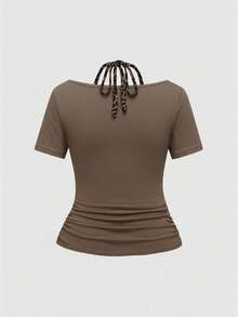 ROMWE Grunge Punk 十字架吊坠朋克骷髅印花二合一豹纹紧身 T 恤，音乐会节日服装 - 咖啡棕 - 查看 2