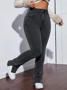 SHEIN ICON 大码女式纯色保暖内衬修身休闲牛仔裤 - 深灰色 - 查看 5