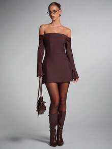 SHEIN BAE Fall And Winter Women's Solid Color Off Shoulder Long Sleeve Zipper Back Design Fashion Dress, Brown Dress Women,Elegant Suit Dress - Rust Brown - View 8