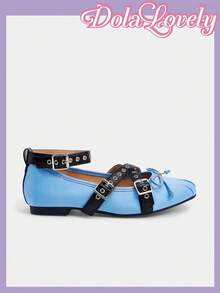 Dola Lovely 女士缎面蓝色交叉金属扣芭蕾平底鞋，优雅甜美大码女士春季鞋 - 藍色 - 查看 6