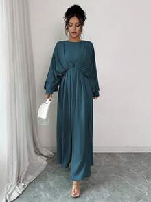 Elenzga 女士优雅简约高端休闲连衣裙，适合办公室、通勤、海滩、音乐节、下午茶、德比、帆船赛，纯色圆领二合一腰部荷叶边褶皱蝙蝠袖 A 字长裙，春夏 - 水鴨藍 - 查看 6