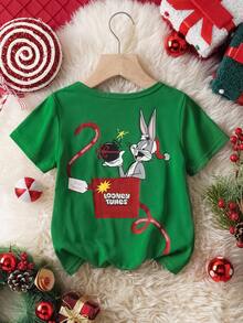 LOONEY TUNES X SHEIN Young Boy Casual Christmas Cute Cartoon Pattern Short Sleeve T-Shirt, Christmas Gift - Green - View 2