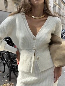 Chiquease 2 件套女士时尚百搭针织开衫和中长裙套装，秋冬 - 白色 - 查看 3