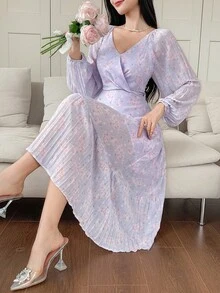 DAZY 大码碎花收腰长连衣裙，适合休闲、生日等场合，也可作为正式服装穿着。 - 藍色 - 查看 5