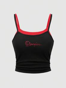 2 件套青少年女孩休闲时尚街头字母印花二合一舒适打底上衣，夏季 - 彩色 - 查看 5