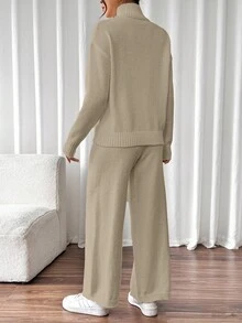 Pariaura 2件套女士休闲立领落肩毛衣套装 - 駝色 - 查看 2