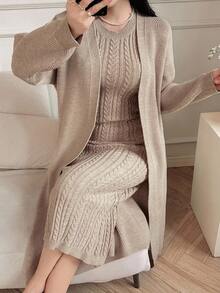 DAZY Women's Elegant Sleeveless Dress & Long Cardigan Two Pieces Set, Autumn - Khaki - View 4