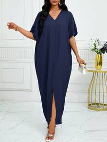 SHEIN Lady 春夏休闲绿色编织亚麻缺口蝙蝠袖中长款束腰连衣裙大码连衣裙度假装女士沙滩装女士海滩度假沙滩裙婚礼宾客礼服女士商务休闲女士舞会礼服 - 藏蓝色 - 查看 5