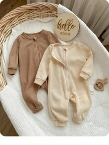 SHEIN 2pcs Newborn Baby Girl Baby Boy Daily Basic Neutral Cute Solid Color Knitted Long Sleeve Jumpsuit, Autumn/Winter Fall