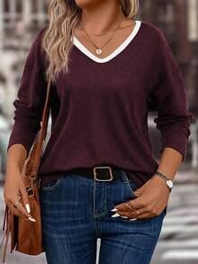 EMERY ROSE Áo thun nữ tay dài cổ chữ V màu tương phản thường ngày cỡ lớn - Đỏ - Xem 3