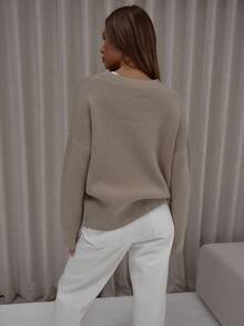 MUSERA Graphic Embossed '' Logo Ribbed Hems Oversized Knit Sweater Classy Cute Sexy Streetwear Night Out Winter Evening Elegant - Khaki - View 2